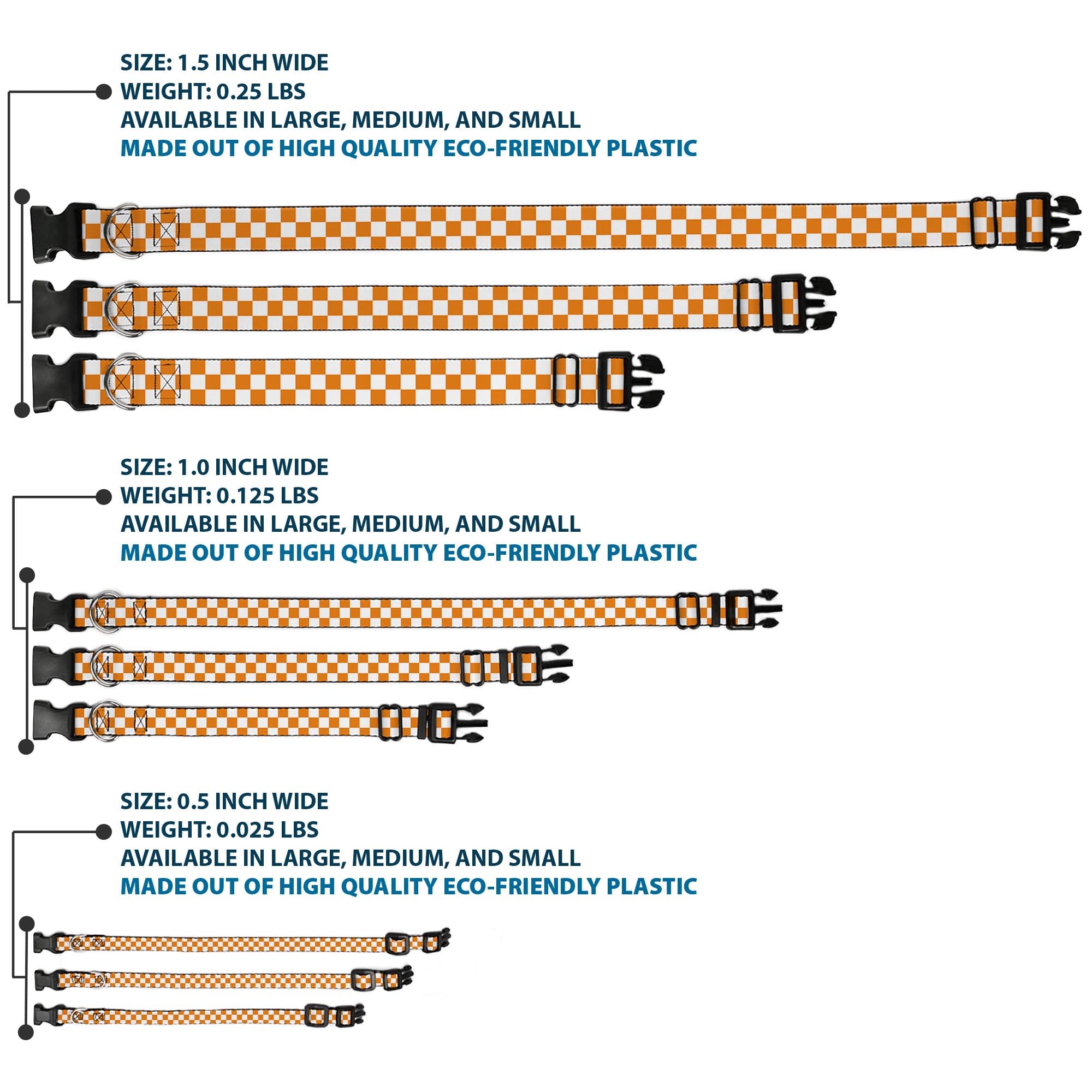 Collar Buckle-Down ajustable para cuello de 6-9 pulgadas, estilo a cuadros blanco-naranja.
