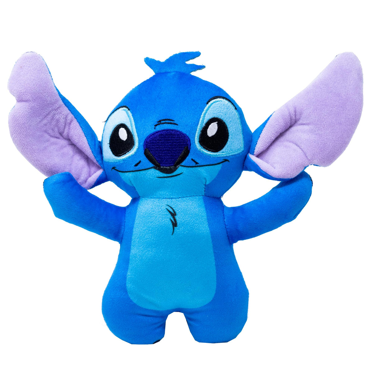 Peluche Buckle-Down Stitch con brazos arriba para juego seguro.