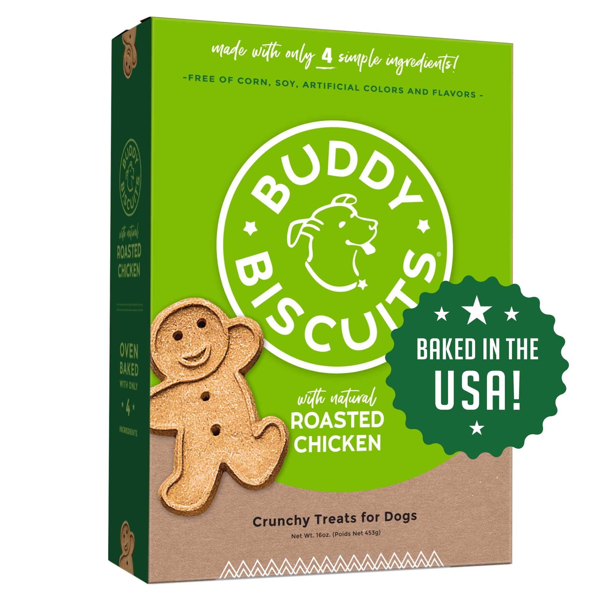 Buddy Biscuits frente a la caja, galletas saludables para premiar