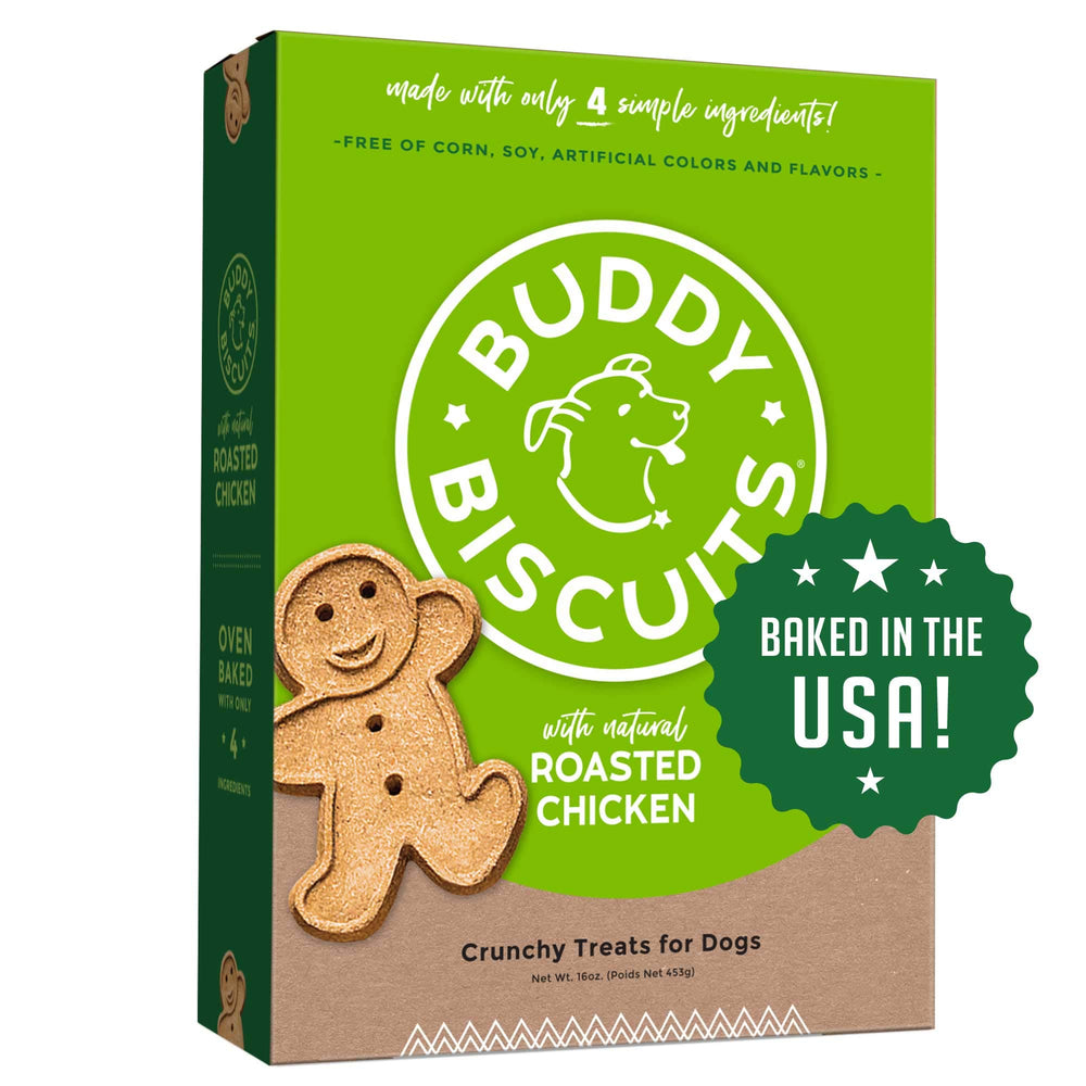 Buddy Biscuits frente a la caja, galletas saludables para premiar