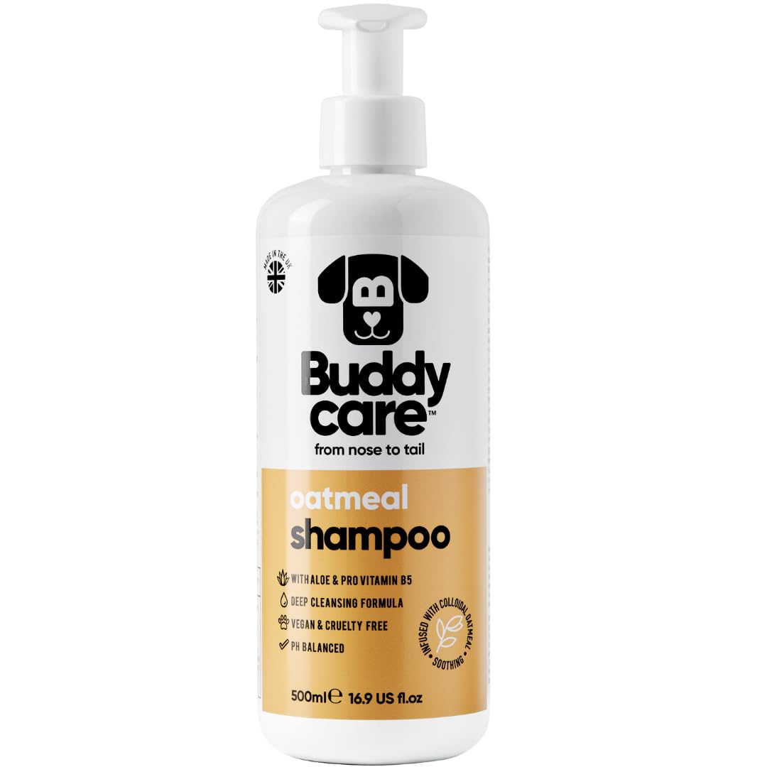 Buddycare Champú de Avena para Perros, botella con aroma suave que cuida la piel.
