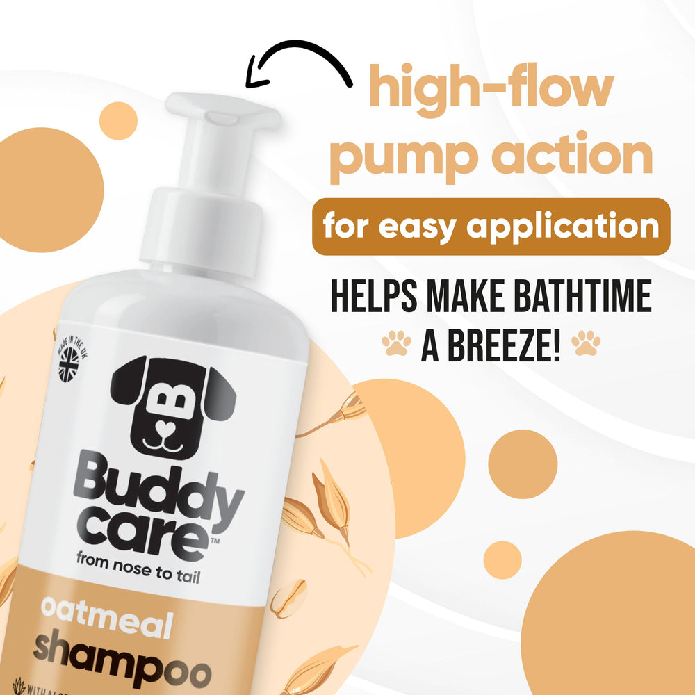 Etiqueta de Buddycare Champú de Avena para Perros, indica ingredientes suaves y uso fácil.