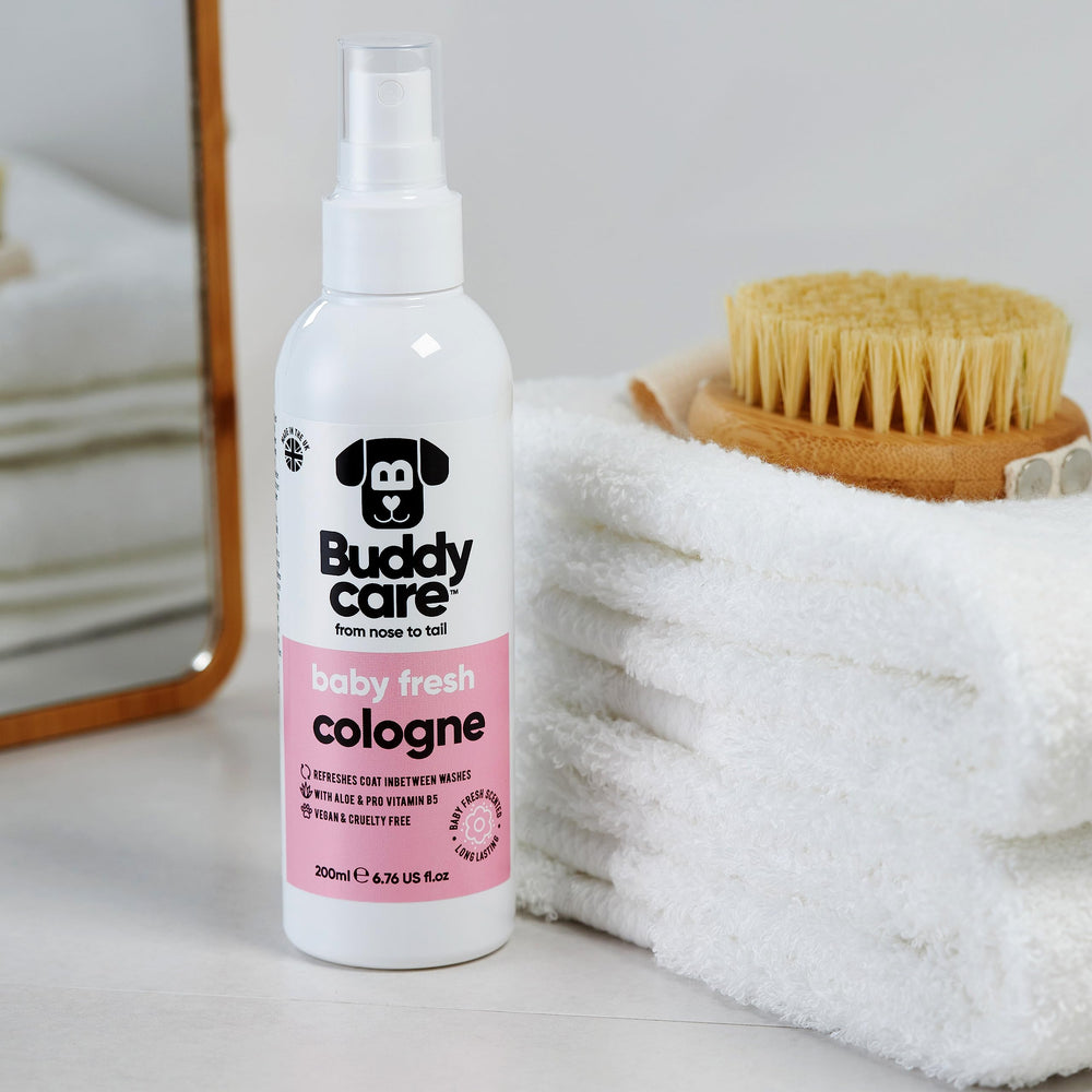 Buddycare colonia perro, aloe y provitamina B5, cuidado suave para la piel.