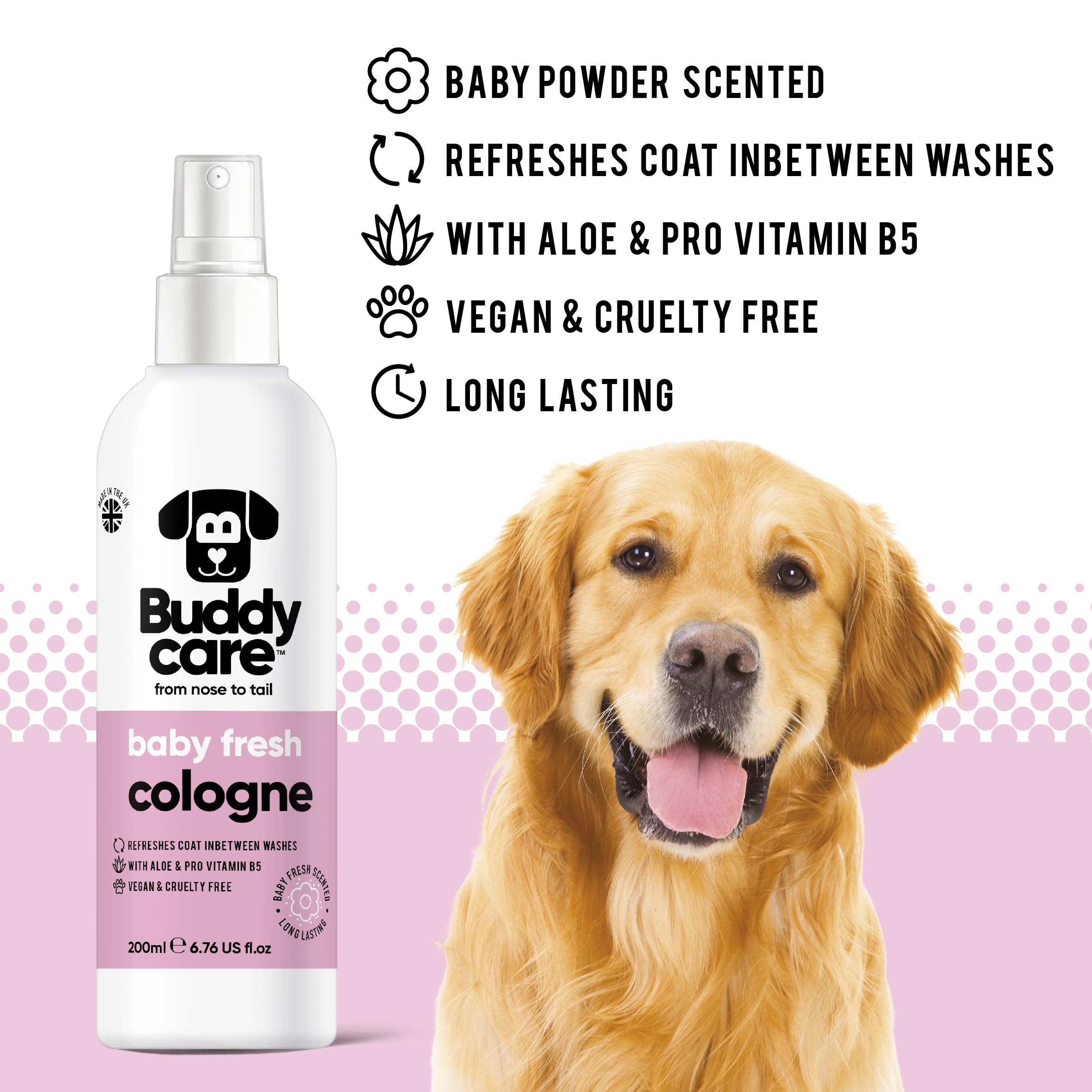 Buddycare colonia perro, detalle etiqueta, aroma suave ideal para paseos.