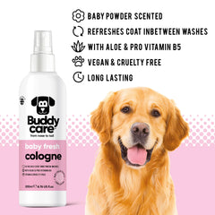 Buddycare colonia perro, detalle etiqueta, aroma suave ideal para paseos.