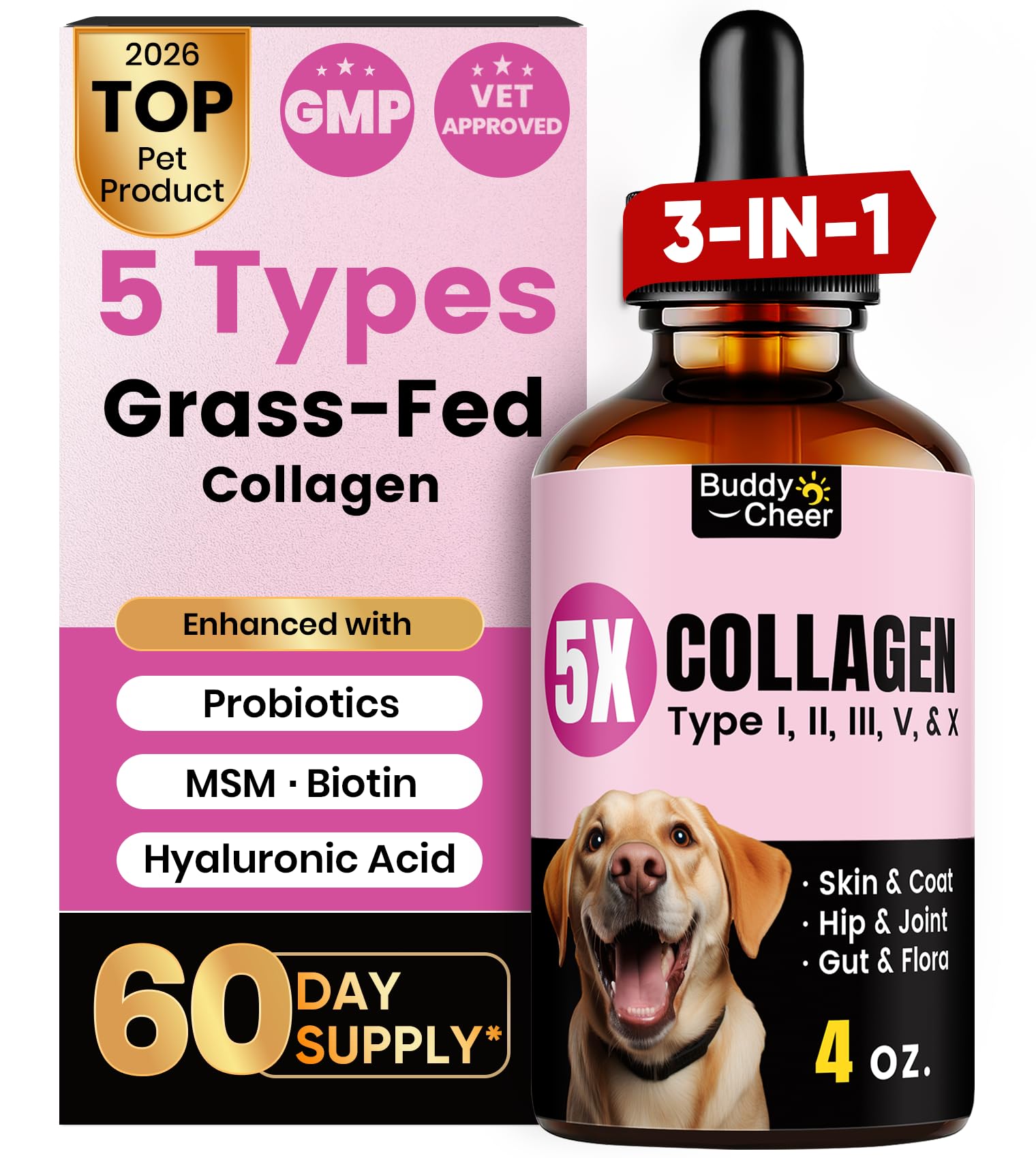 BuddyCheer Colágeno Premium para perros y gatos en frasco 120 ml, apoyo a piel y articulaciones.