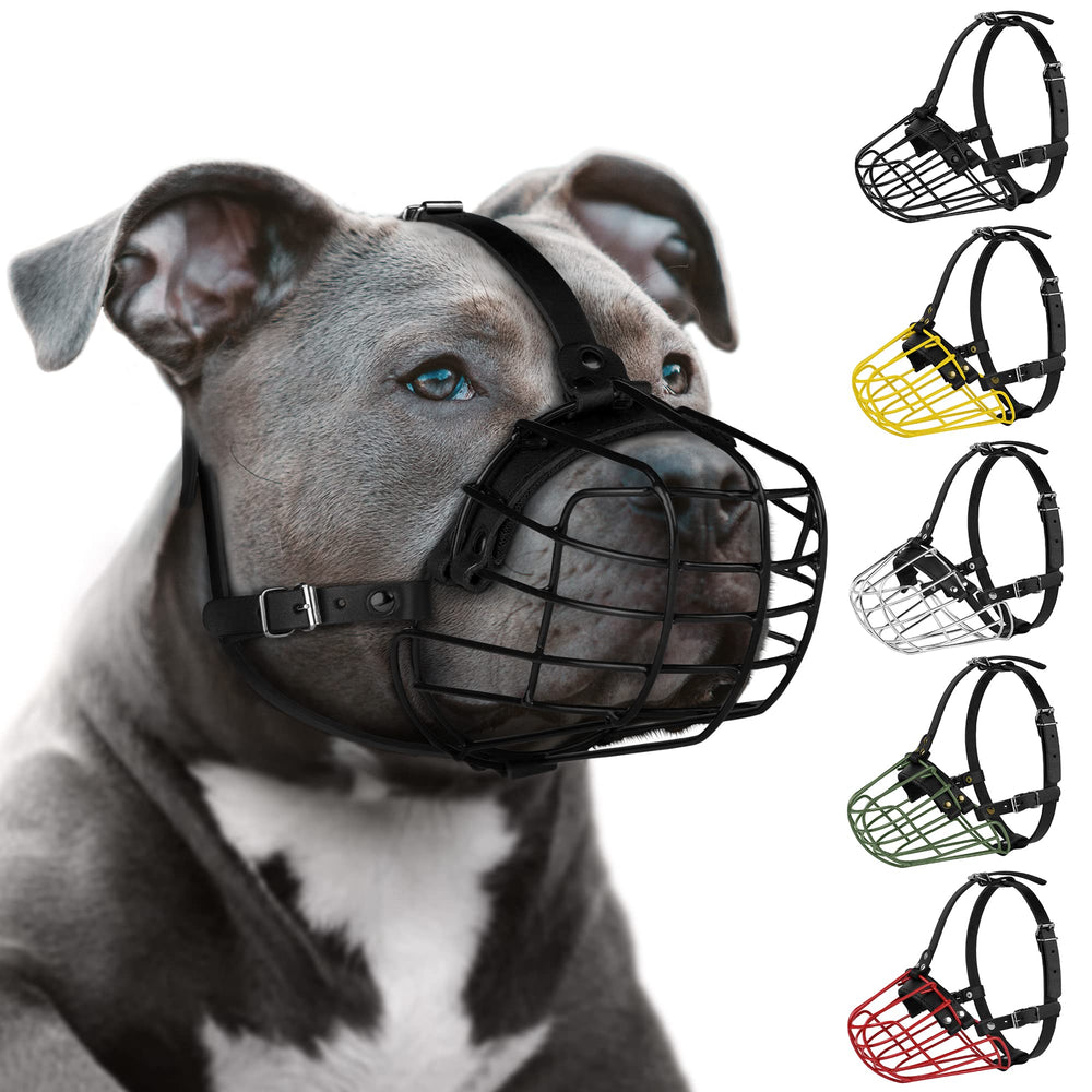 Bozal Budkas para pitbull con malla metálica y rejilla frontal, respiración segura durante paseos.