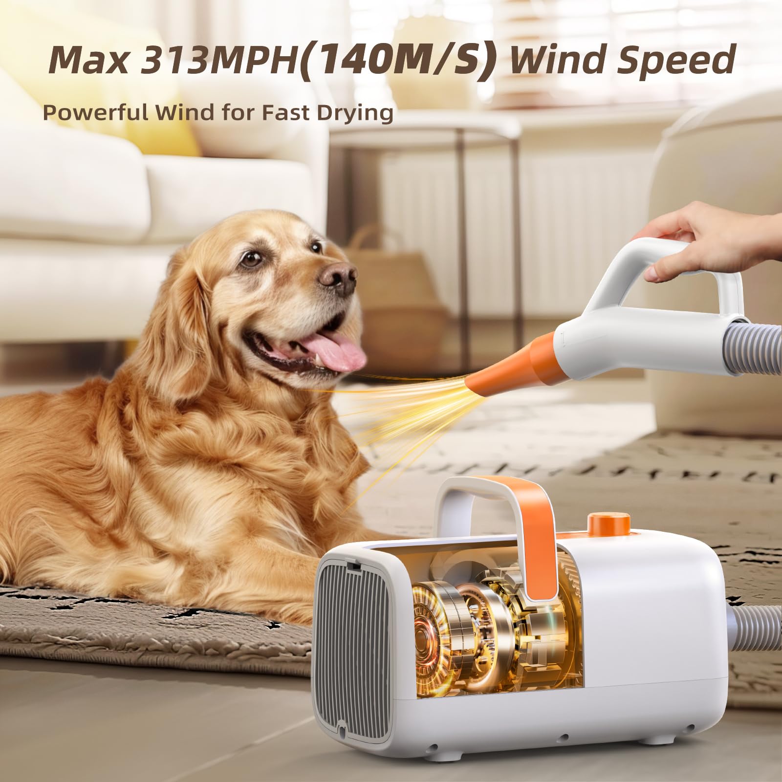 Buenkee secador para perros mostrando ciclo frío-calor para ajuste de temperatura.