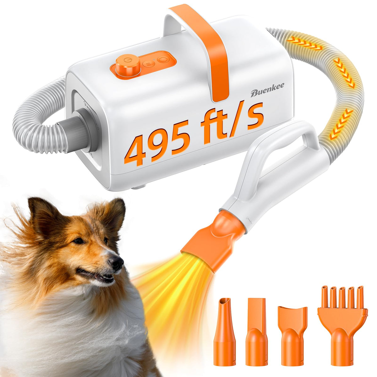 Buenkee secador para perros con velocidad máxima para secado rápido y cómodo.