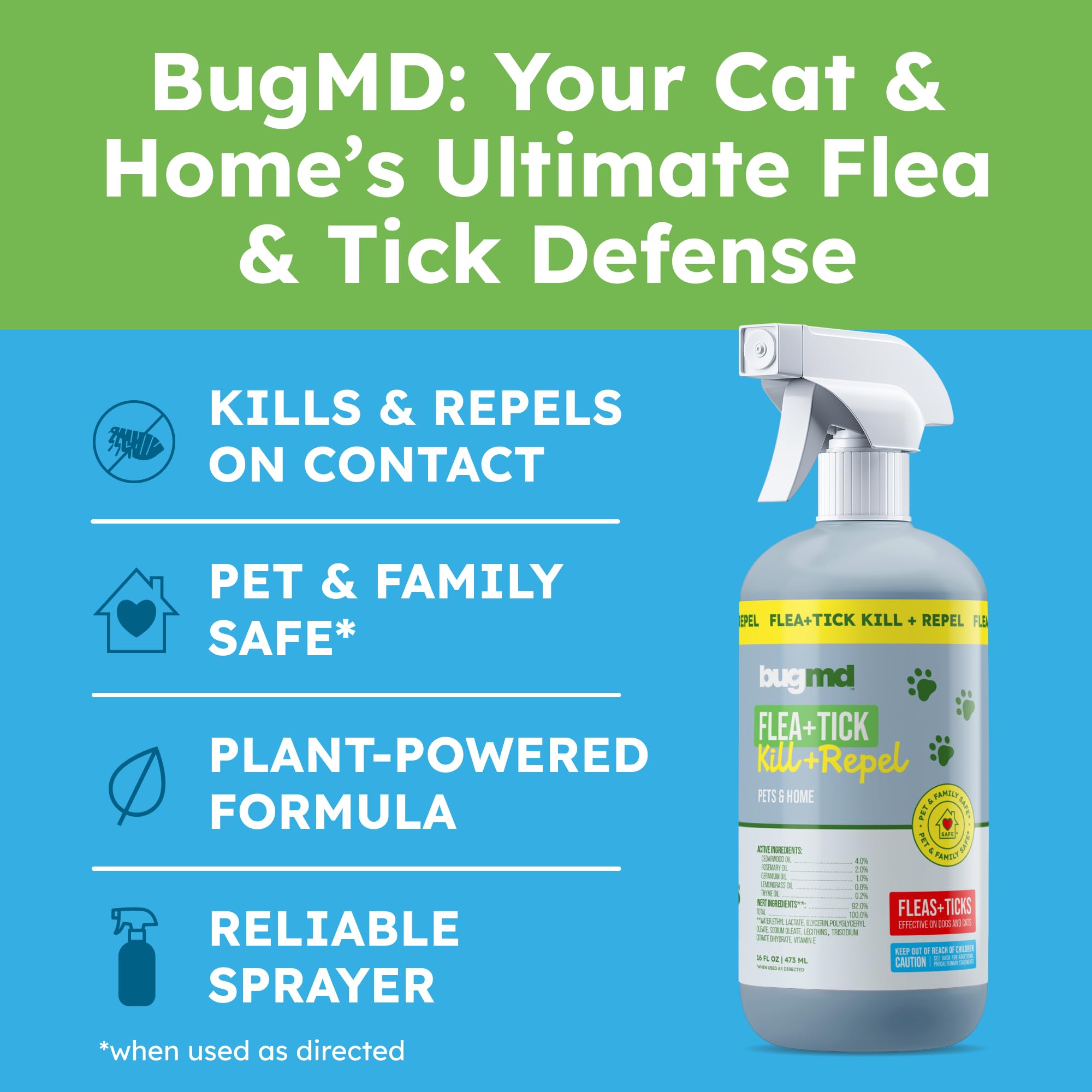 BugMD spray con atomizador para niebla fina en mascotas y superficies.