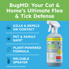 BugMD spray con atomizador para niebla fina en mascotas y superficies.