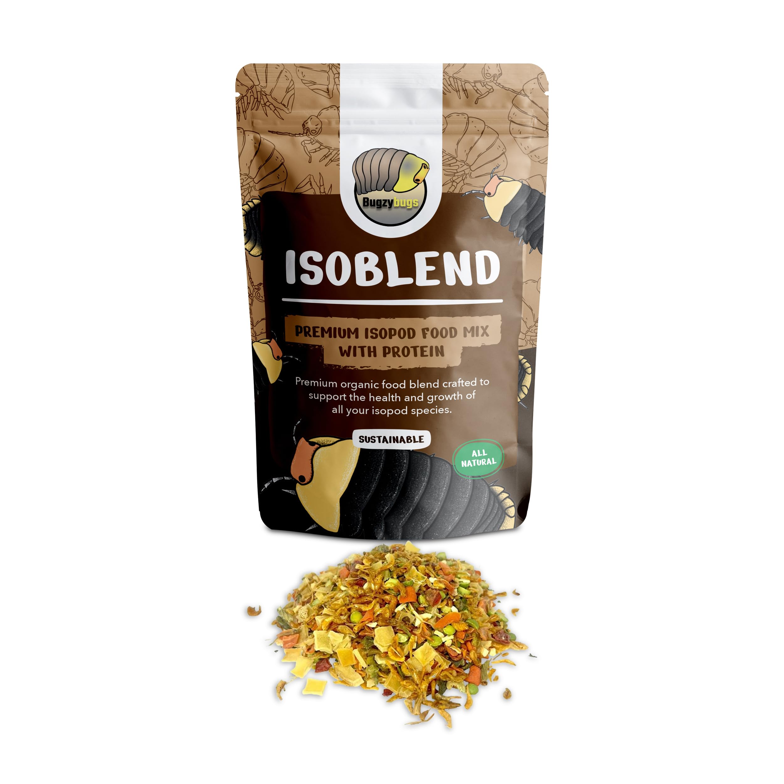 Envase de Bugzy Bugs Isoblend para isópodos, aporta nutrientes completos.