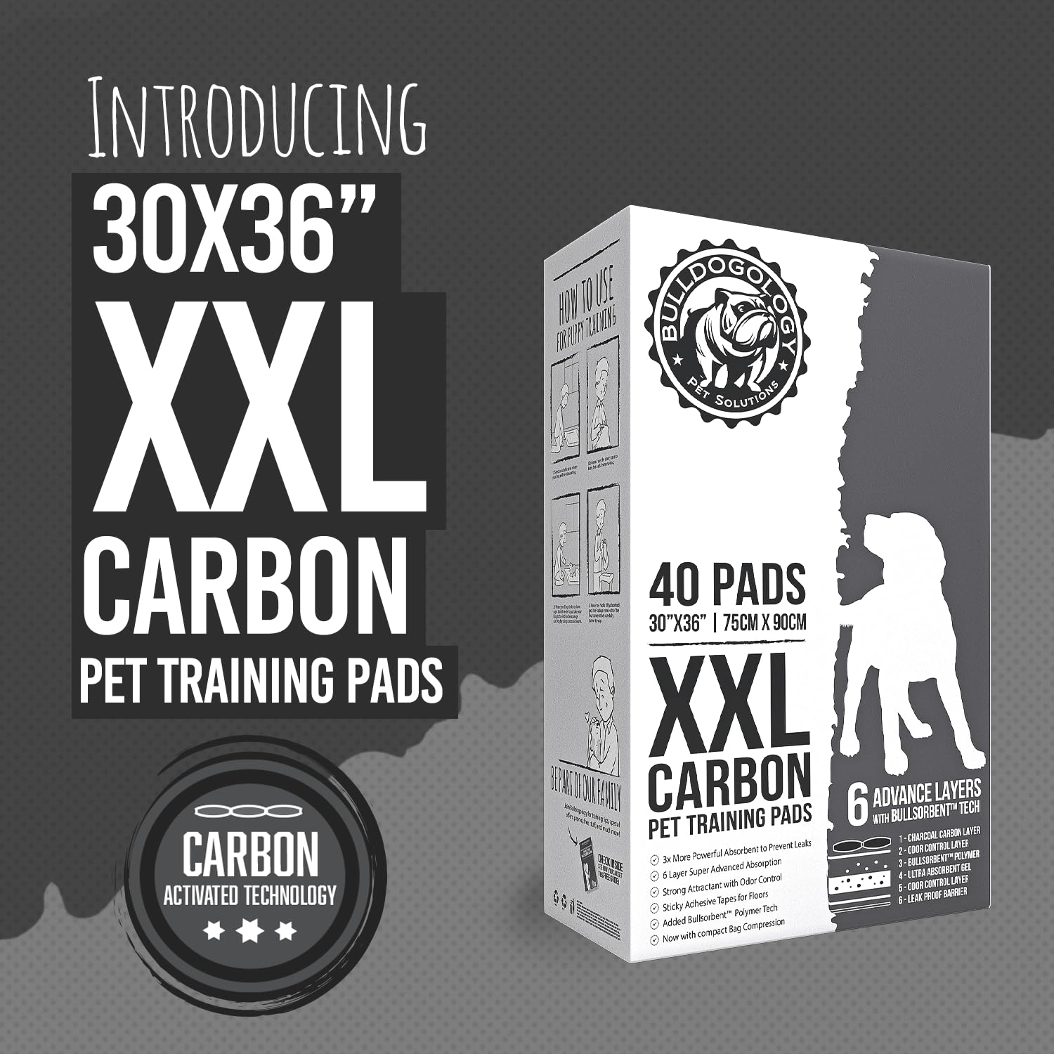 Pañales Bulldogology con tapas adhesivas XXL para evitar desorden en el suelo.