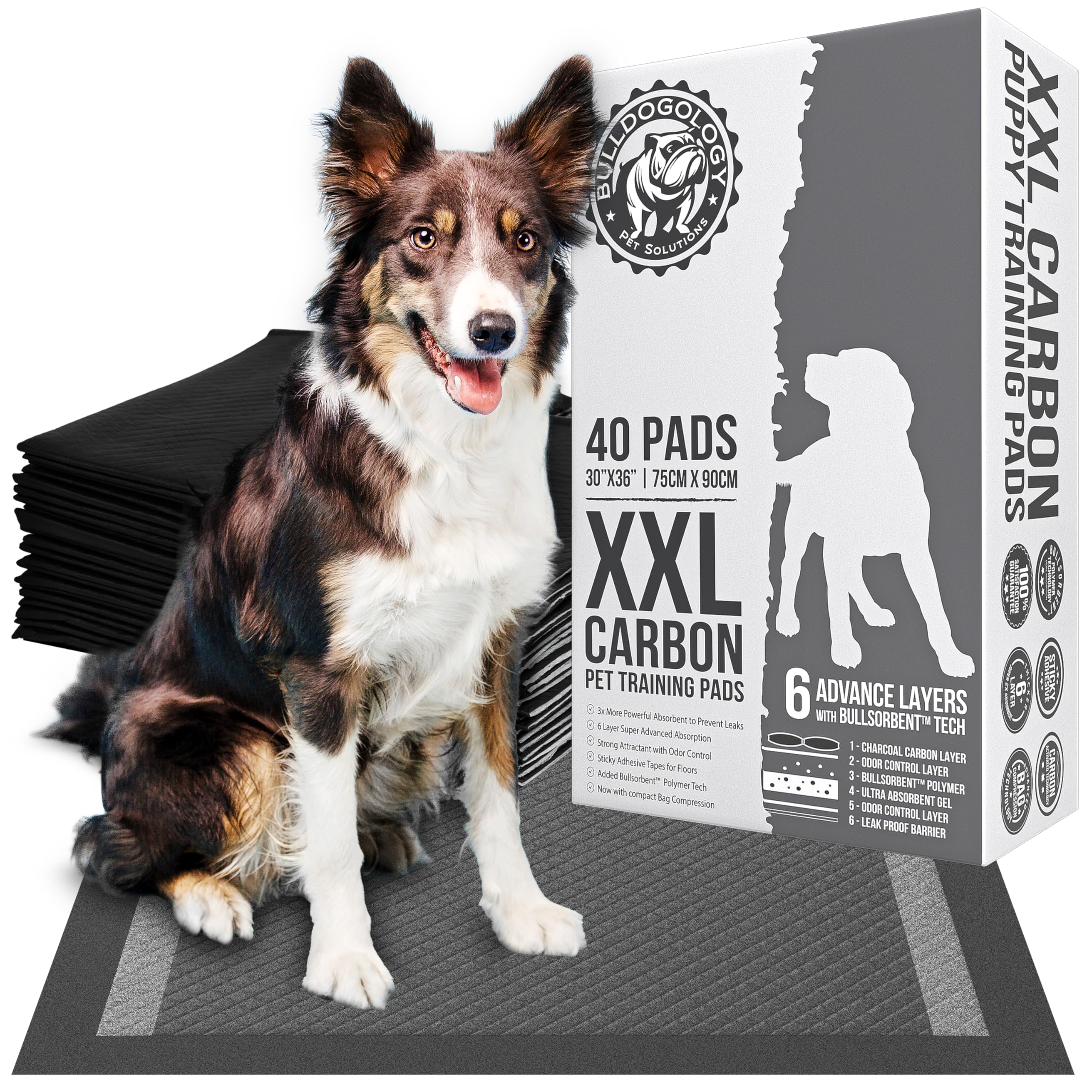 Pañales Bulldogology carbón activo XXL 30x36 para absorción rápida y protección de suelos.