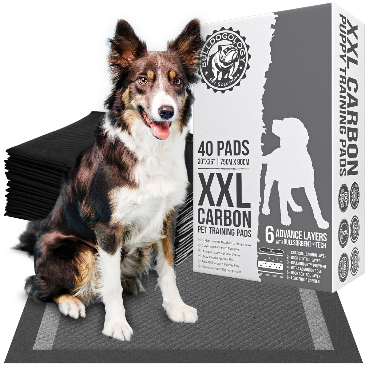 Pañales Bulldogology carbón activo XXL 30x36 para absorción rápida y protección de suelos.
