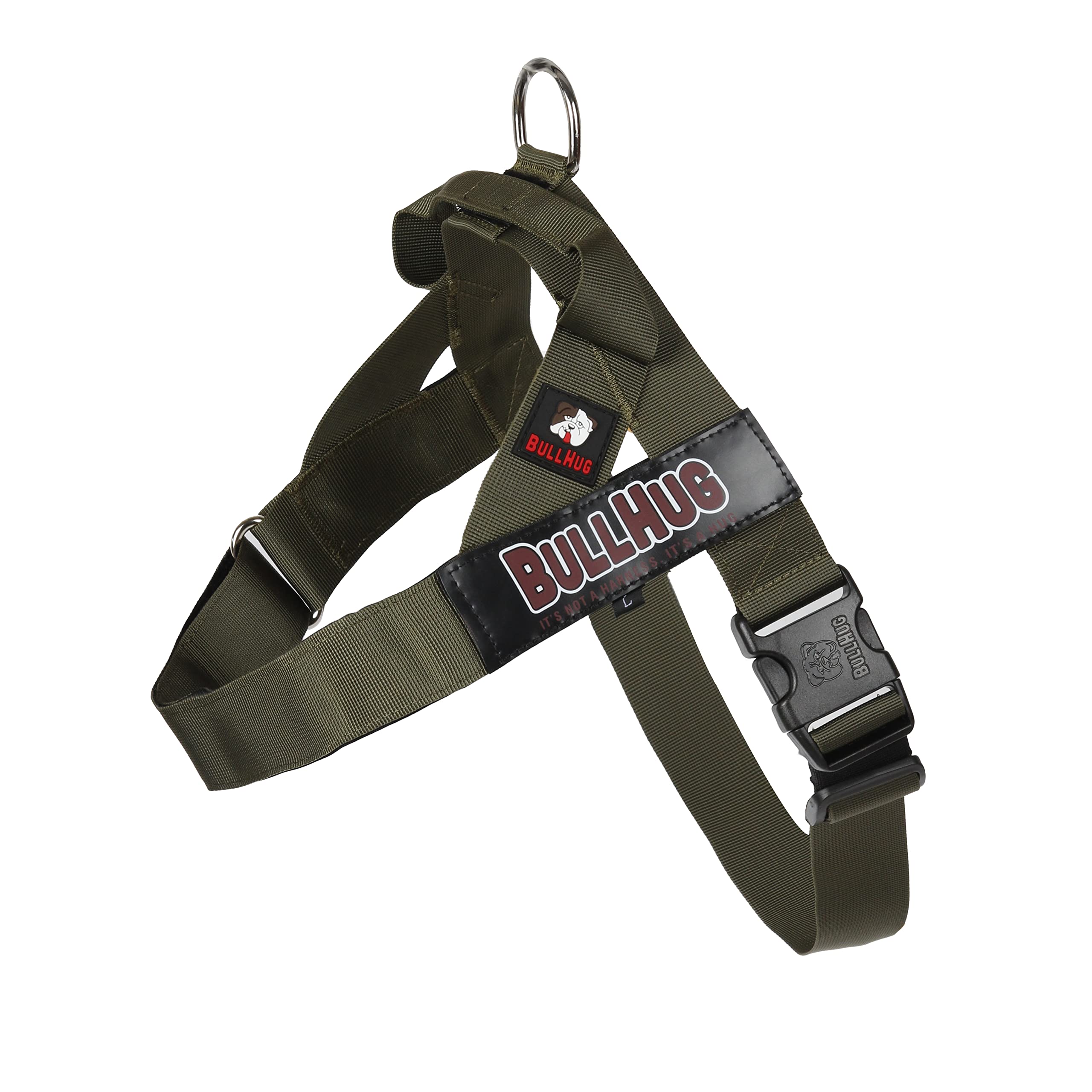 BullHug arnés ajustable en verde oliva para perros de pecho ancho.