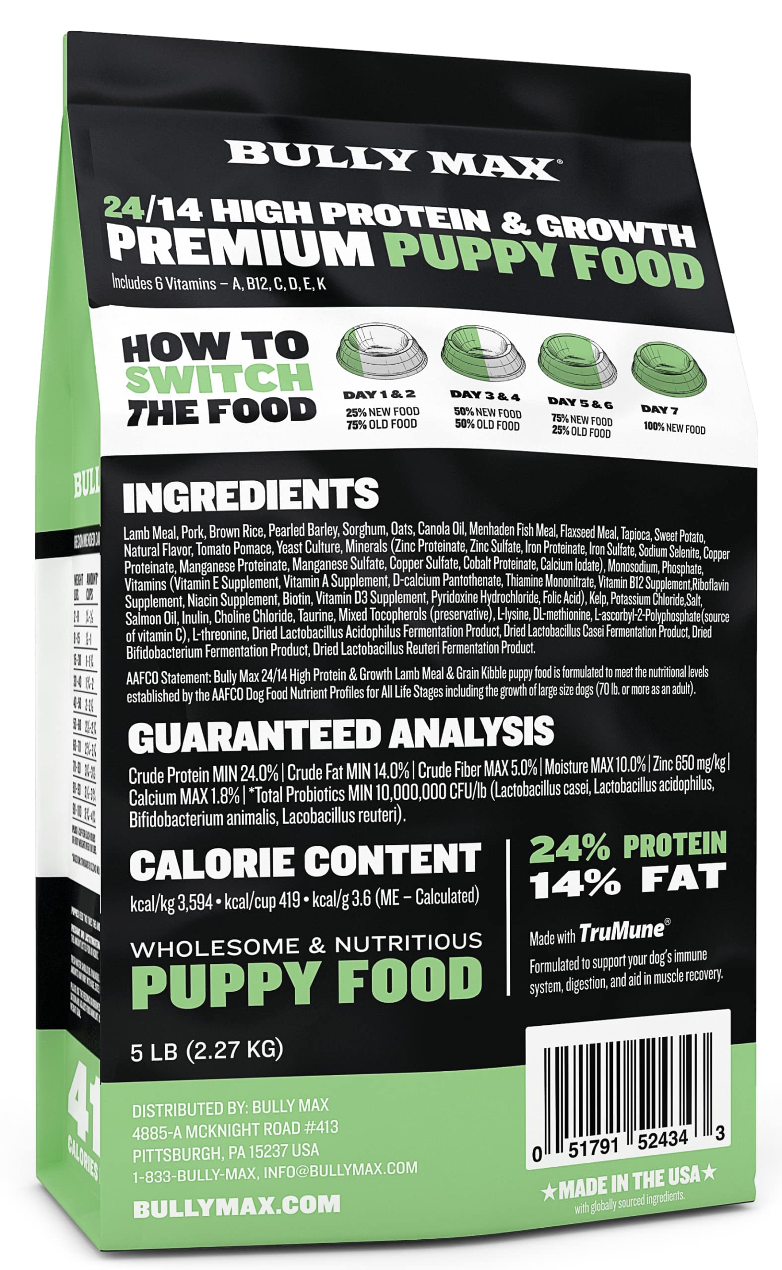 Bully Max Puppy Food 24/14 elaborado en EE. UU. con ingredientes globales.