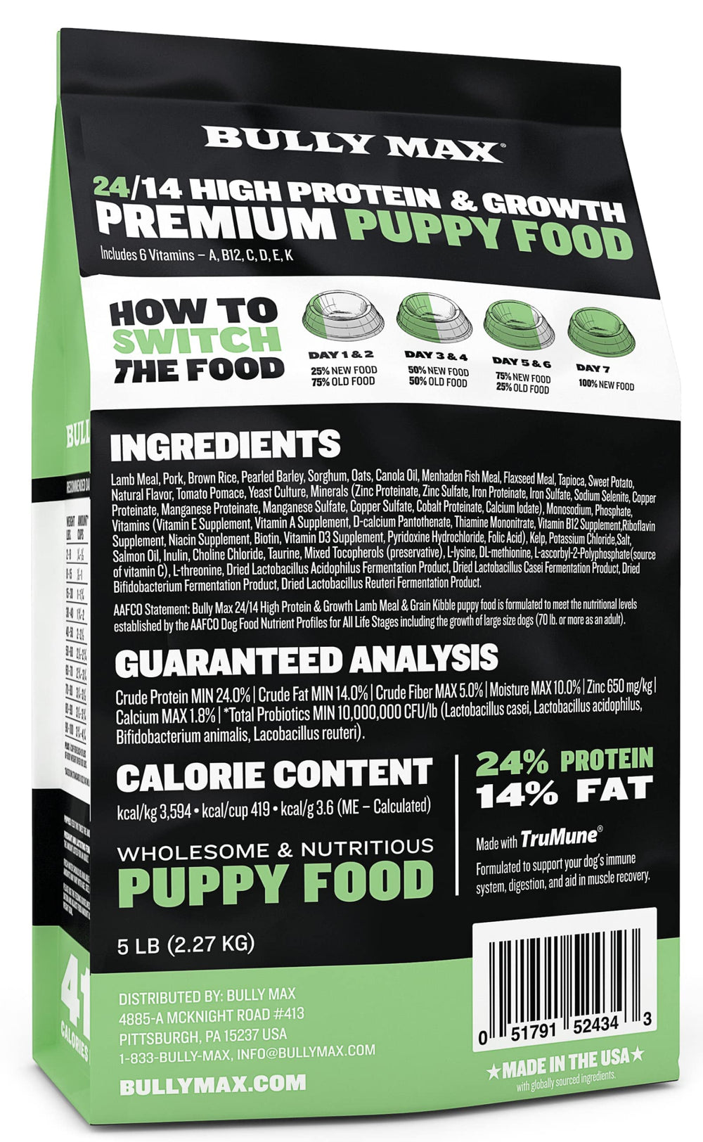 Bully Max Puppy Food 24/14 elaborado en EE. UU. con ingredientes globales.