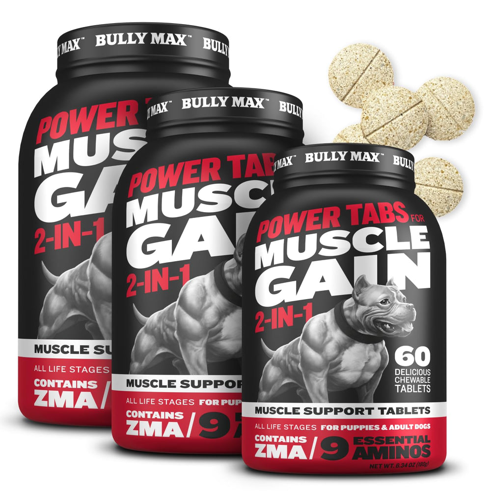 Bully Max tabletas músculo detalle: tabletas masticables para ganar músculo y energía en perros.