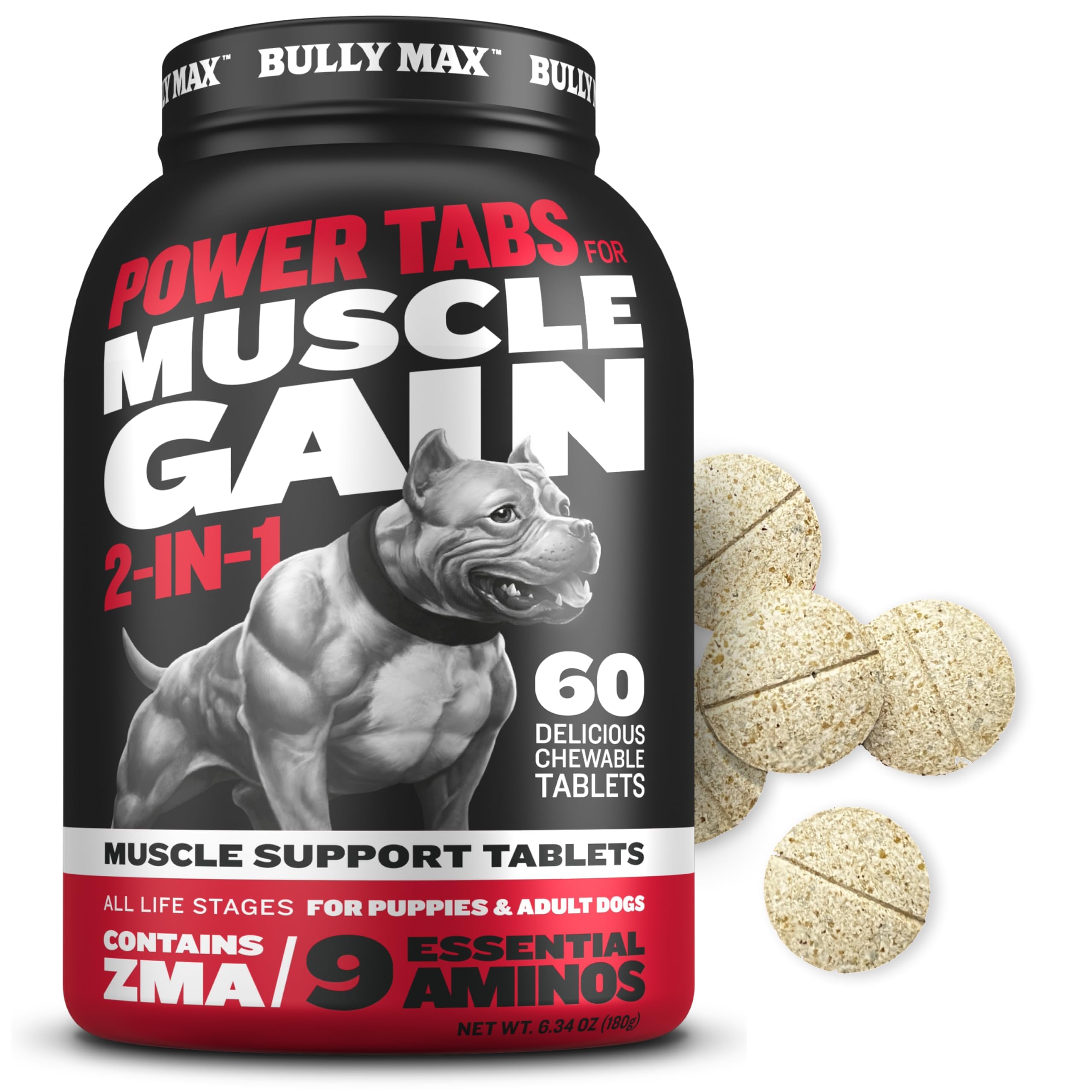 Bully Max tableta masticable para músculo en cachorros, favorece crecimiento saludable.