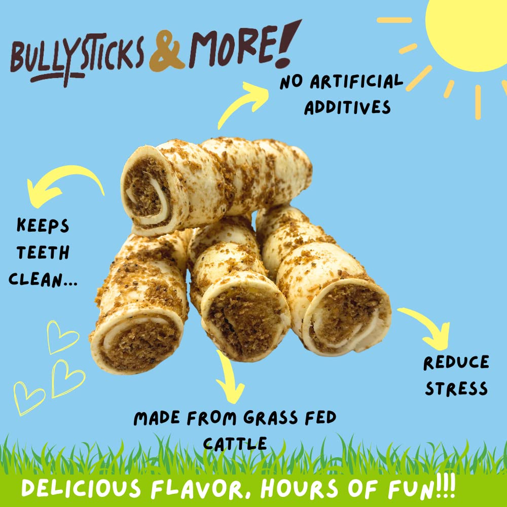 BULLYSTICKS Y MÁS empaque premium de rollos para perros, presentación de alta calidad.