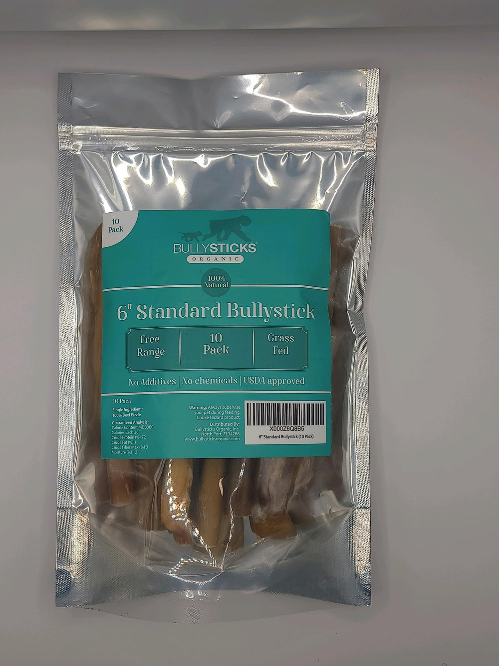 Bullysticks Organic Estándar 6 pulgadas, primer plano; snack masticable de alta proteína para perros.