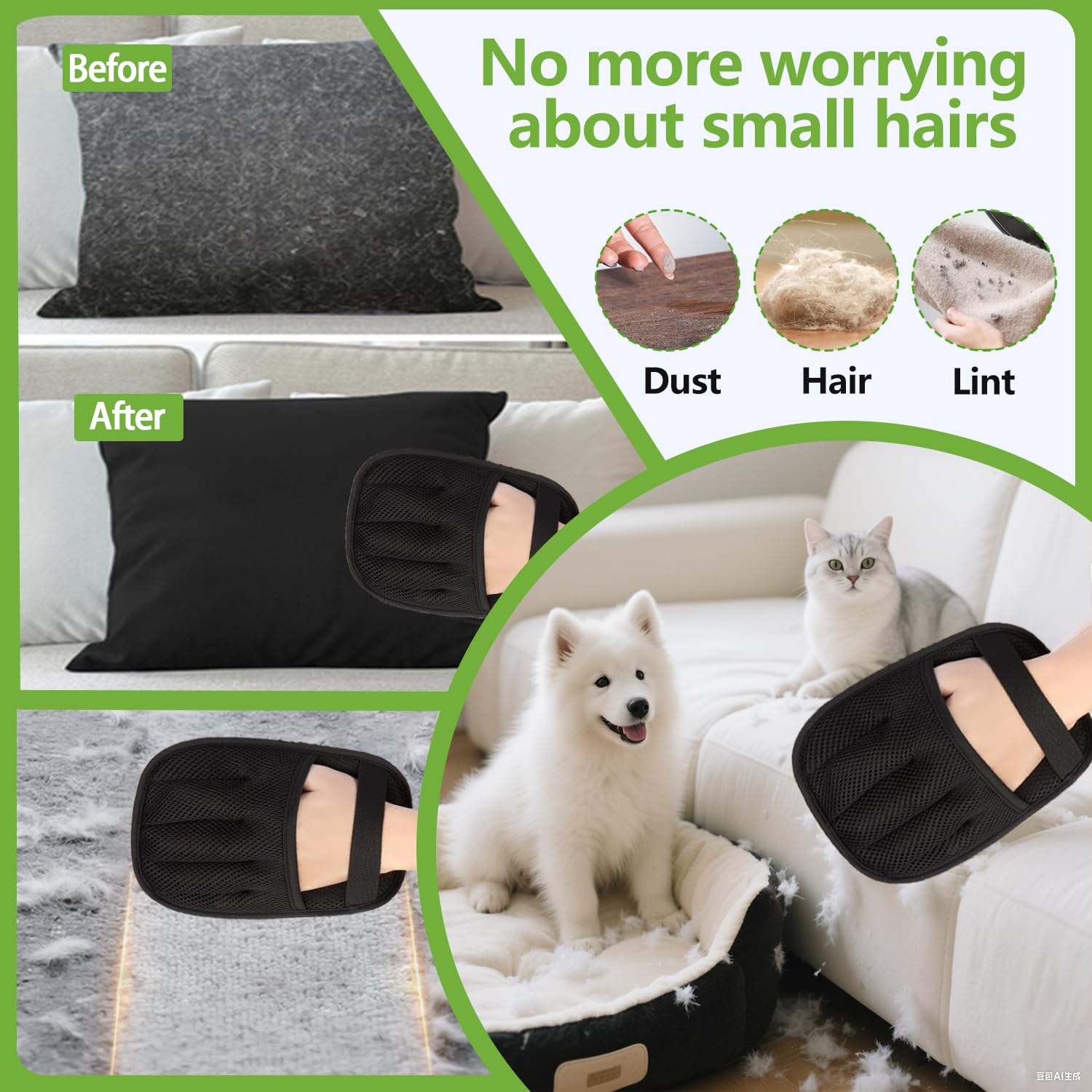 Guante Bumilily para ropa de cama, recogiendo pelos sueltos al instante.