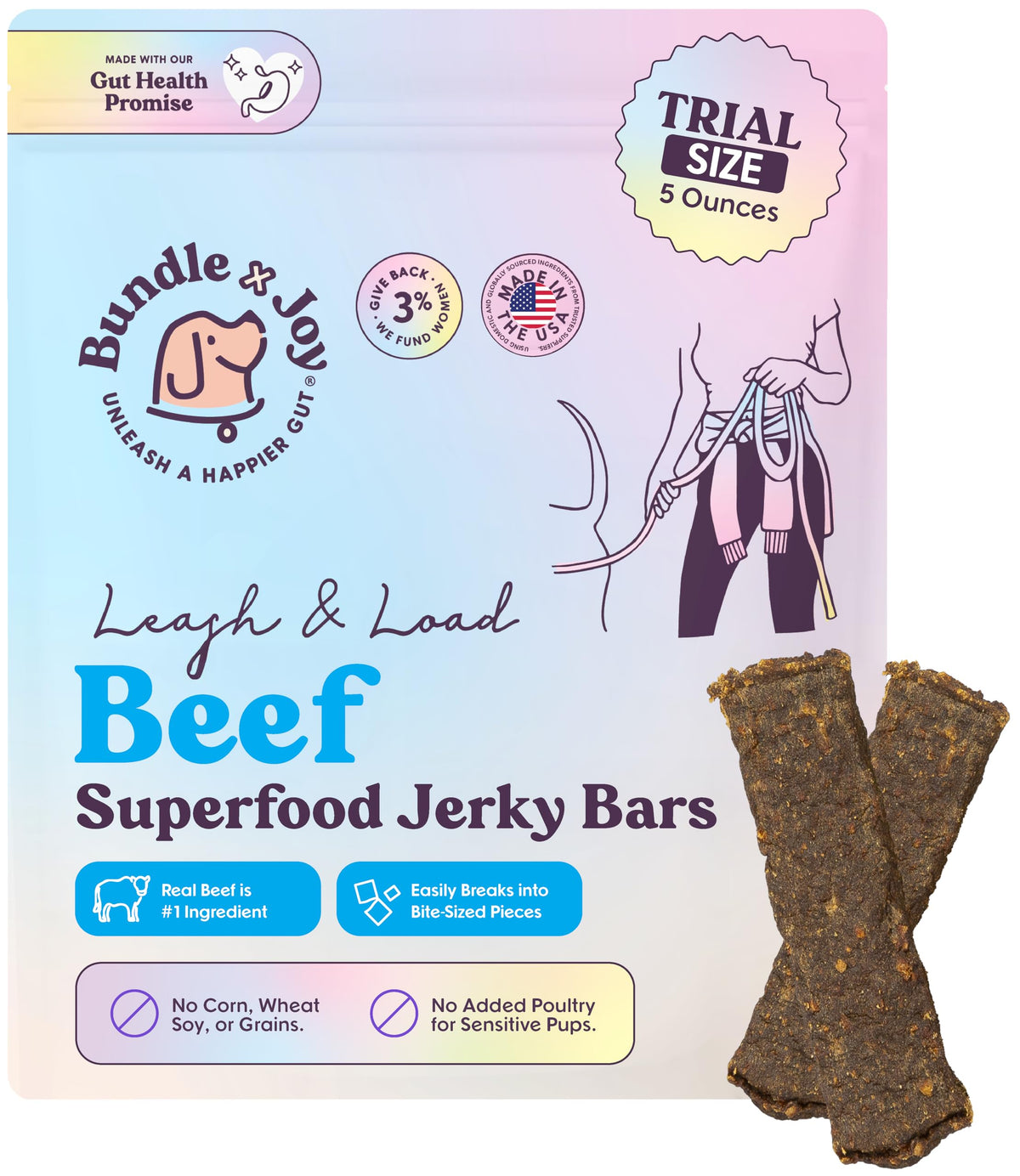 Bundle x Joy jerky de res para perros en bolsa de 5 oz, ideal como premio para entrenamiento.