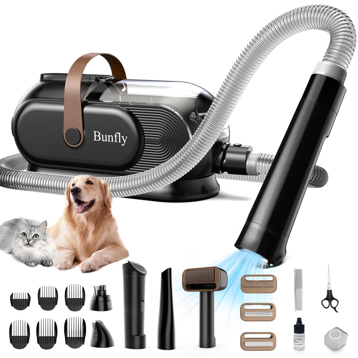 Bunfly kit de aseo para perros con succión 13000 kPa y pelaje brillante en acción