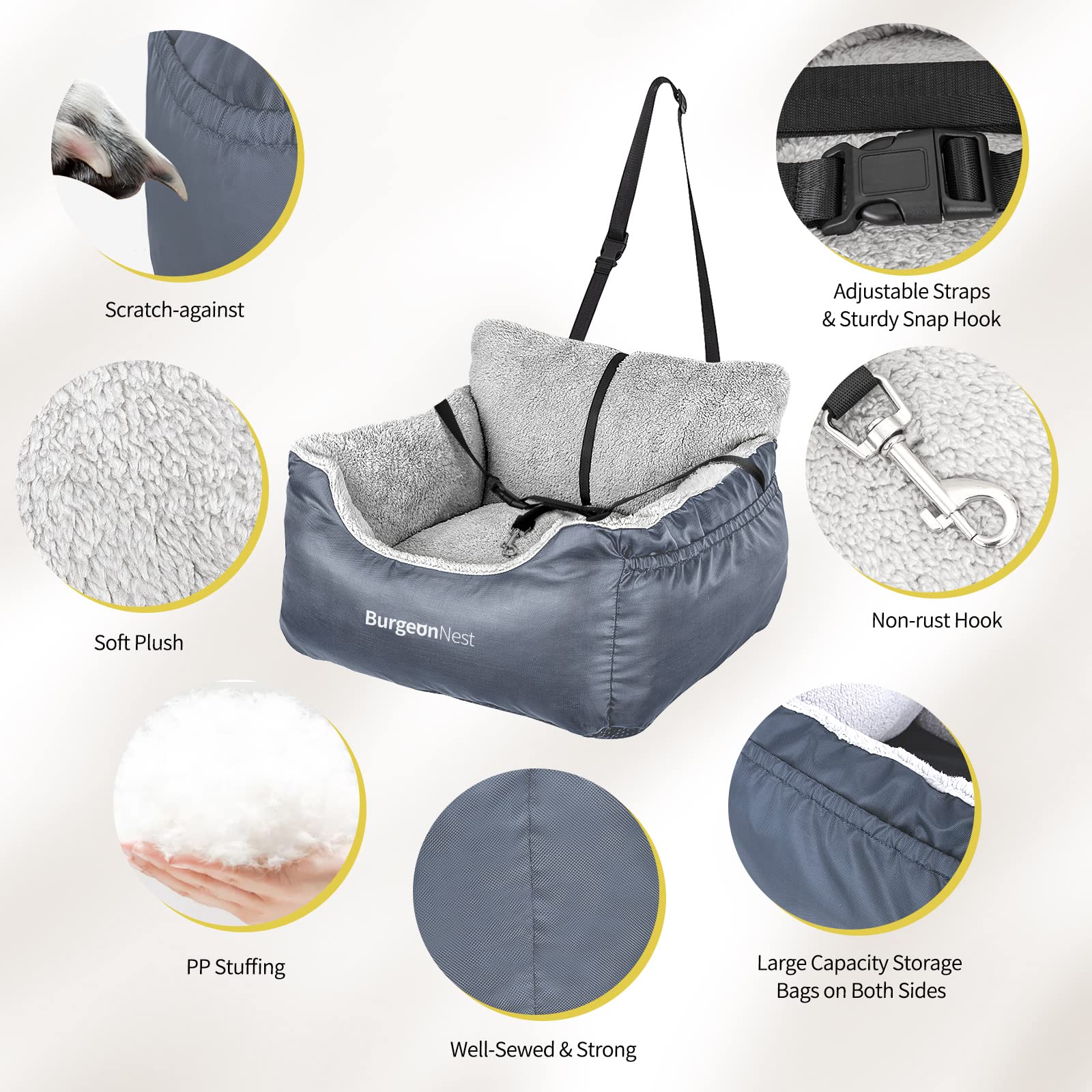 Burgenest asiento coche pequeno, bolsillos para accesorios de viaje.