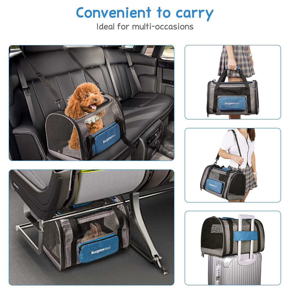 BurgeonNest transportadora gatos, tamaño compacto para asiento de avión, ideal para viajes ligeros.
