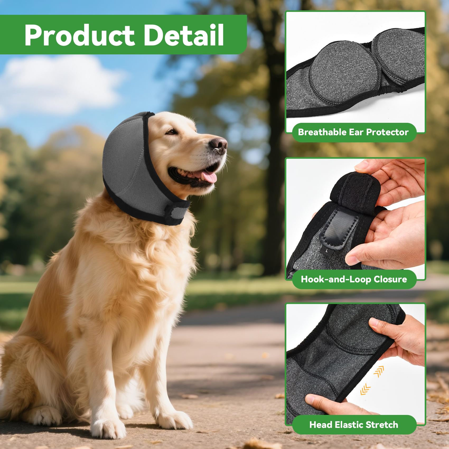 BUWZUJR protector-orejas-perro-ajuste-strap para un ajuste seguro en cualquier tamaño.