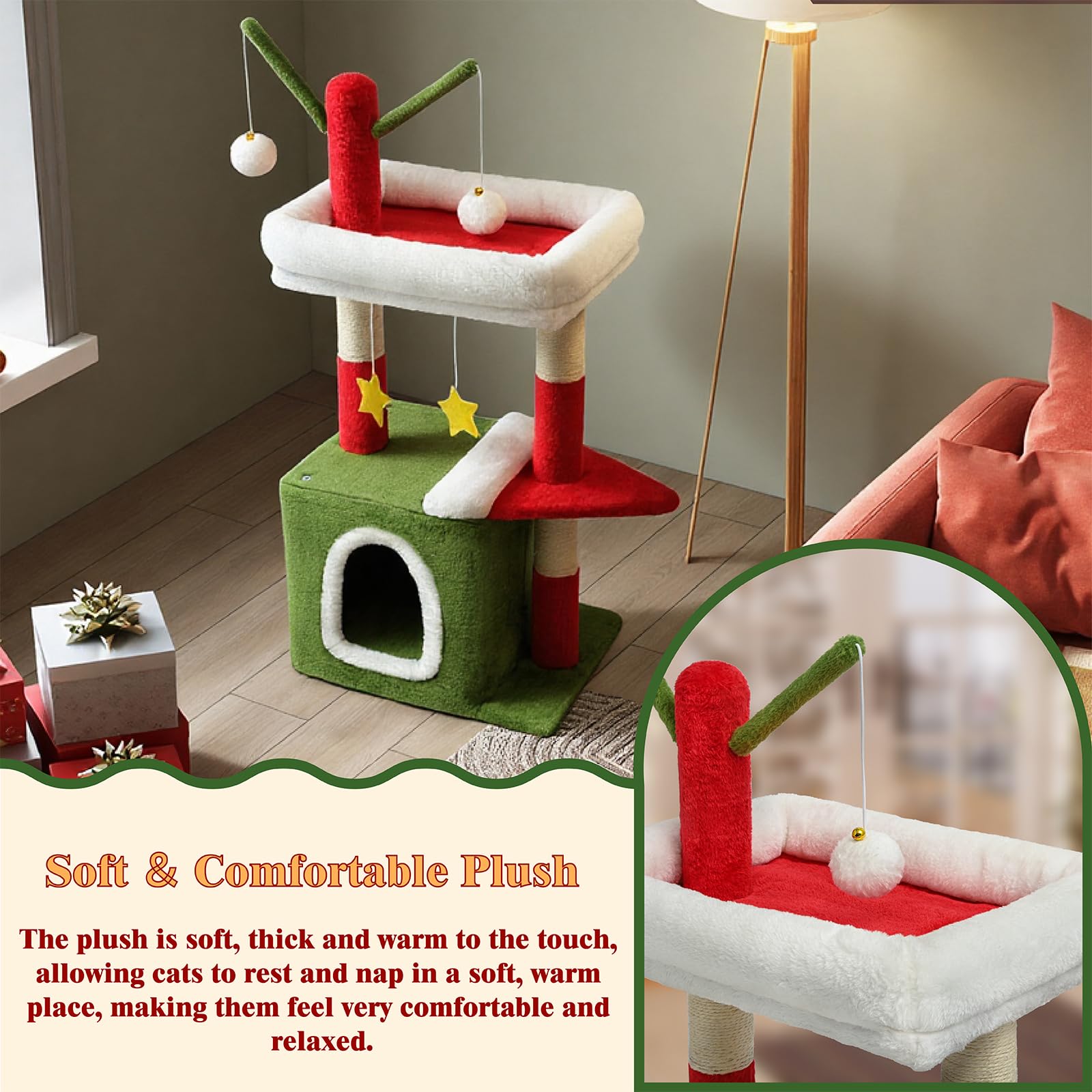 BYBYME Árbol de Gato Navideño de 32 Pulgadas | Mueble para Gatos con Casita, Juguete Colgante y Poste Recubierto de Sisal