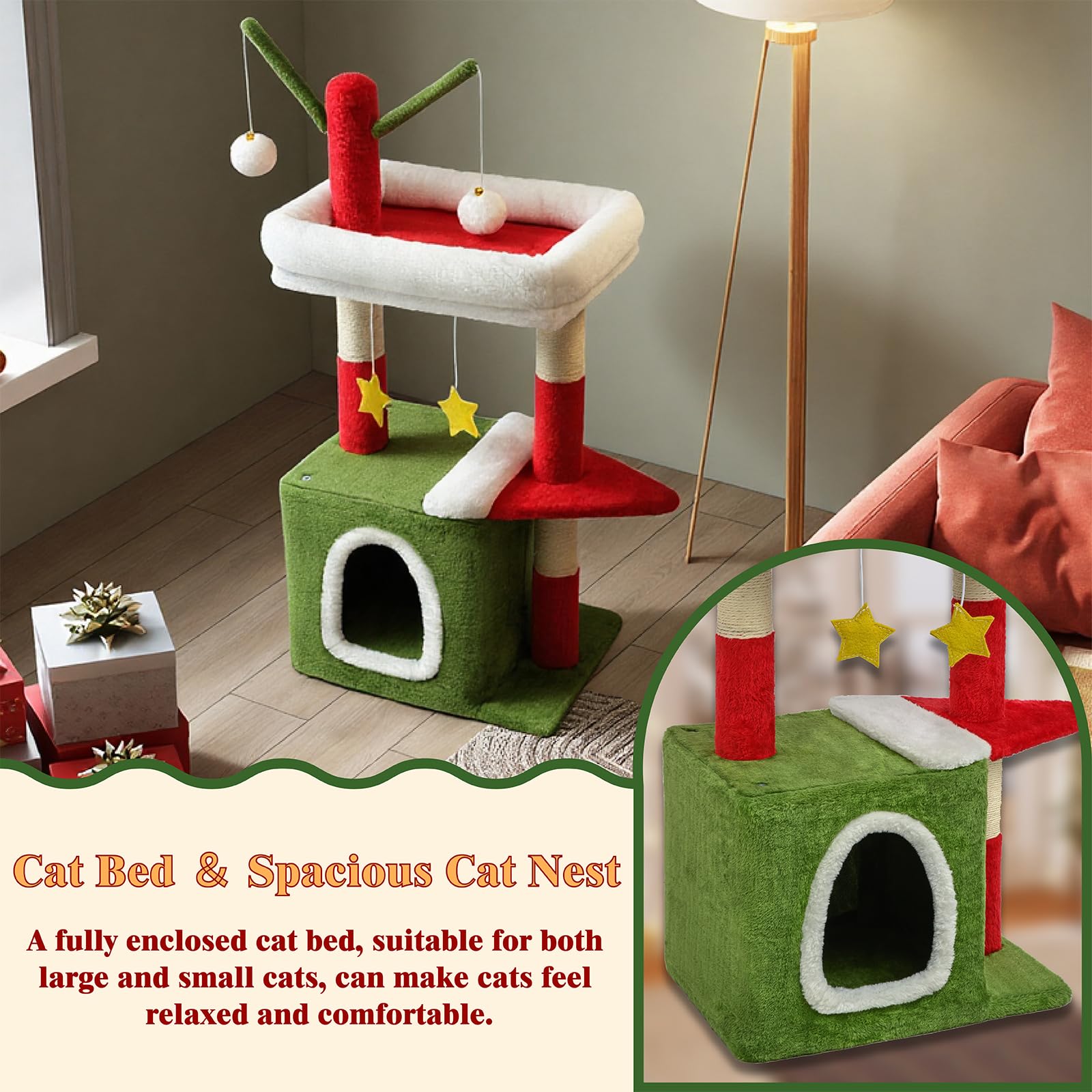 BYBYME Árbol de Gato Navideño de 32 Pulgadas | Mueble para Gatos con Casita, Juguete Colgante y Poste Recubierto de Sisal