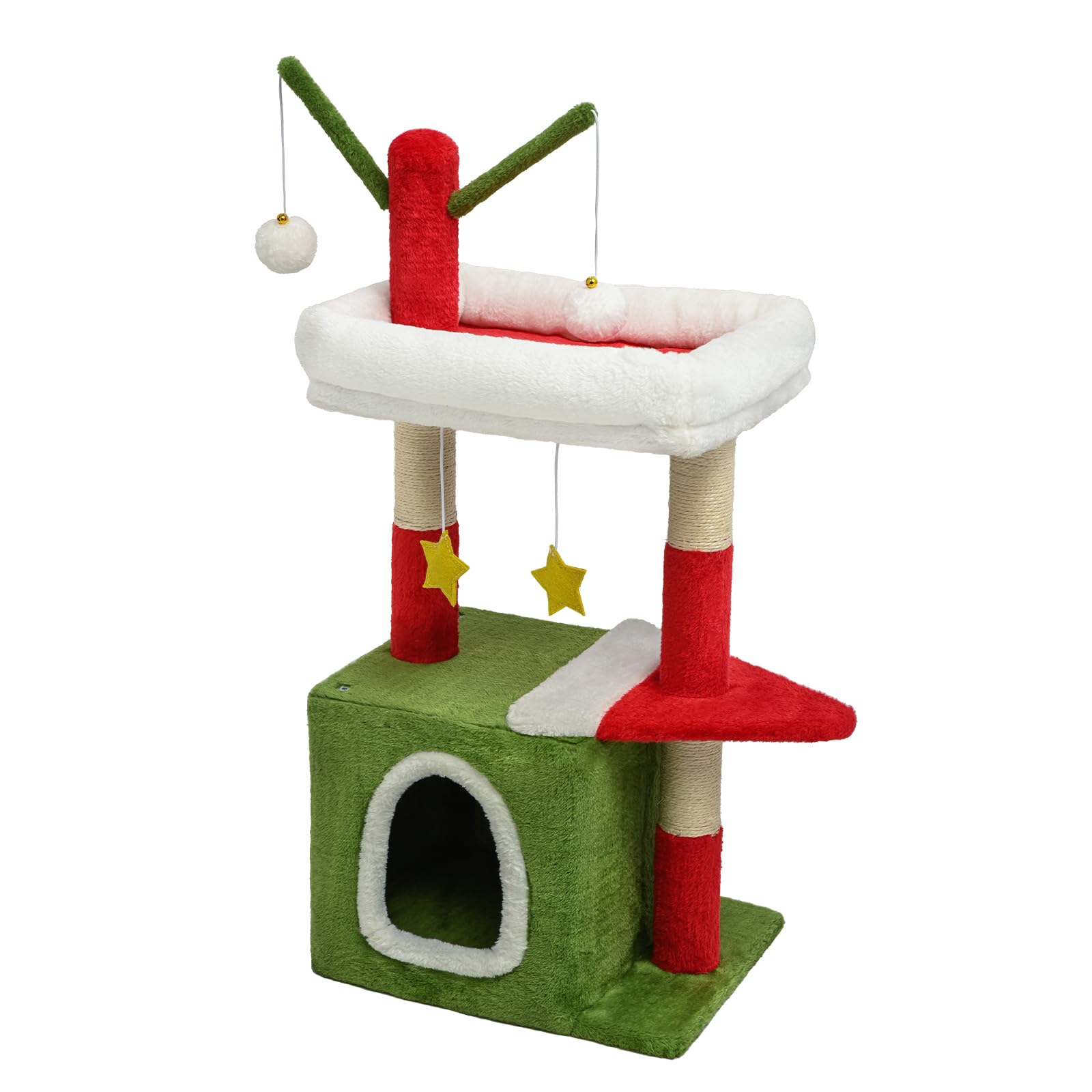 BYBYME Árbol de Gato Navideño de 32 Pulgadas | Mueble para Gatos con Casita, Juguete Colgante y Poste Recubierto de Sisal