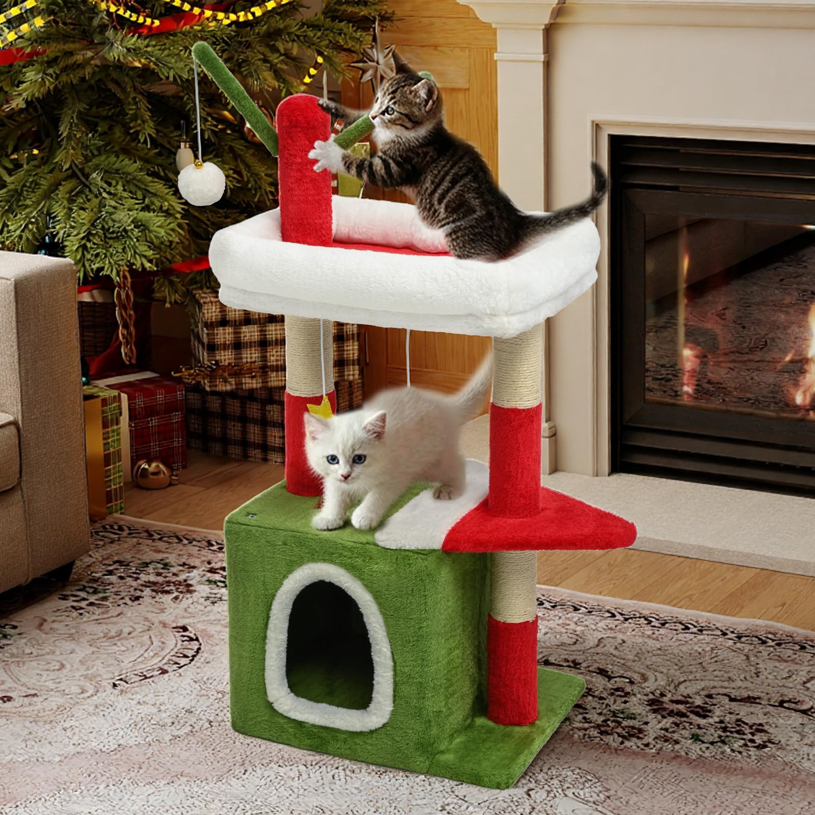 BYBYME Árbol de Gato Navideño de 32 Pulgadas | Mueble para Gatos con Casita, Juguete Colgante y Poste Recubierto de Sisal