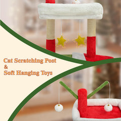BYBYME Árbol de Gato Navideño de 32 Pulgadas | Mueble para Gatos con Casita, Juguete Colgante y Poste Recubierto de Sisal
