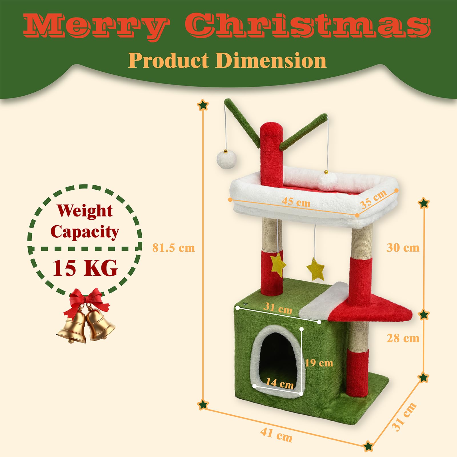 BYBYME Árbol de Gato Navideño de 32 Pulgadas | Mueble para Gatos con Casita, Juguete Colgante y Poste Recubierto de Sisal