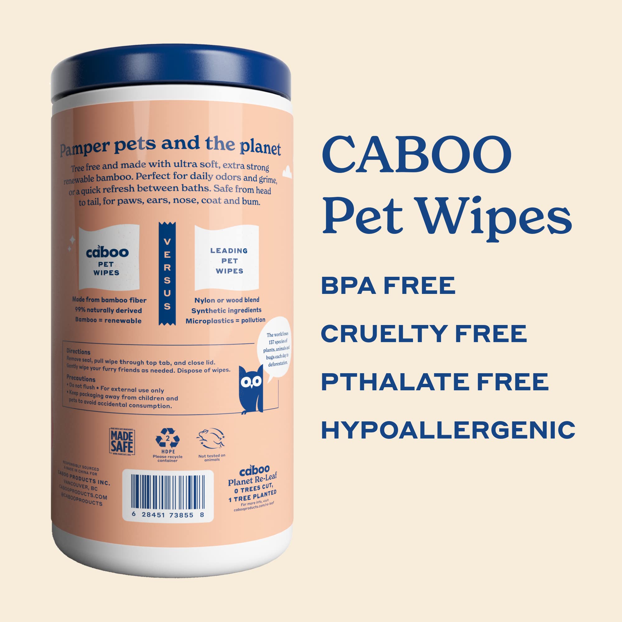 Caboo Tree Free Wipes con aloe vera y vitamina E para piel sensible.