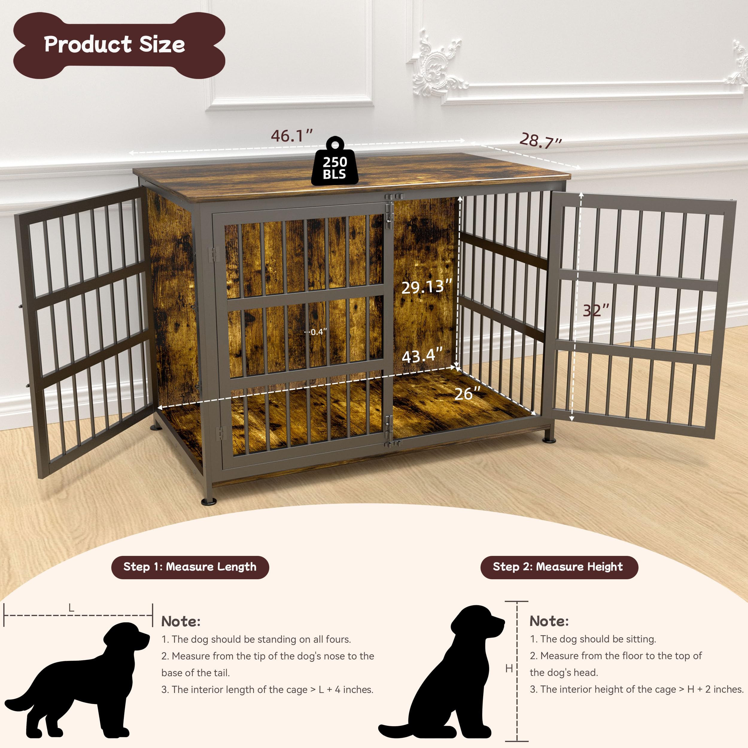CABZOON 46'' jaula para perros, vista lateral con puerta doble para mayor libertad