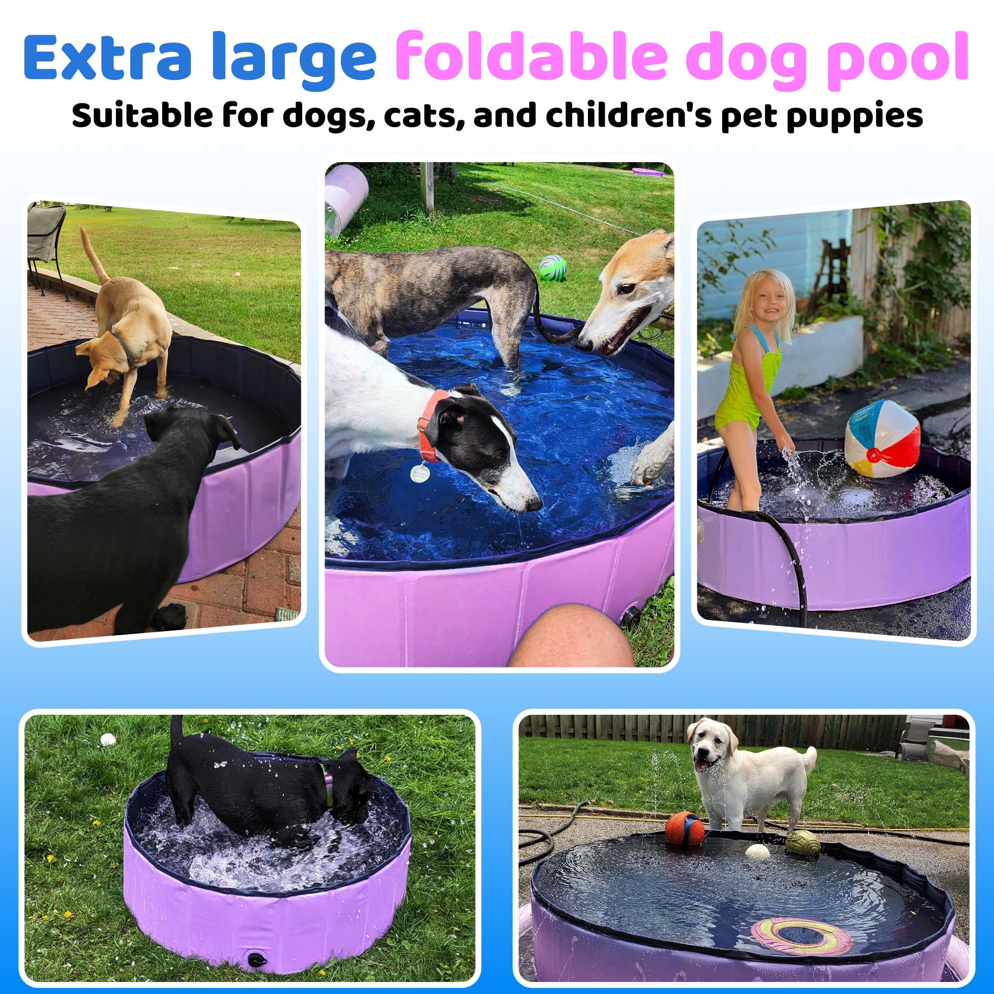 Piscina plegable rosa para niños y mascotas, entretenimiento en verano.