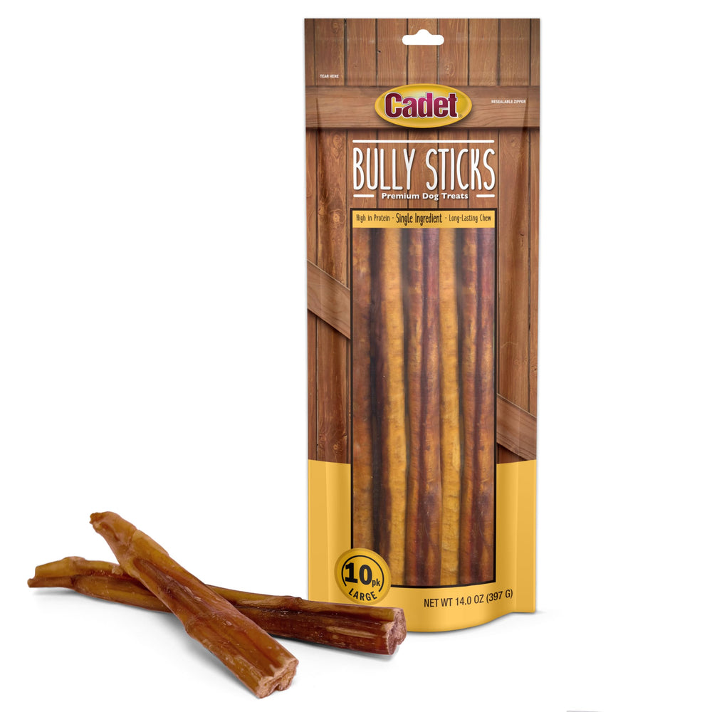 Cadet Bully Sticks empaque de 10 unidades para perros grandes y satisfechos.