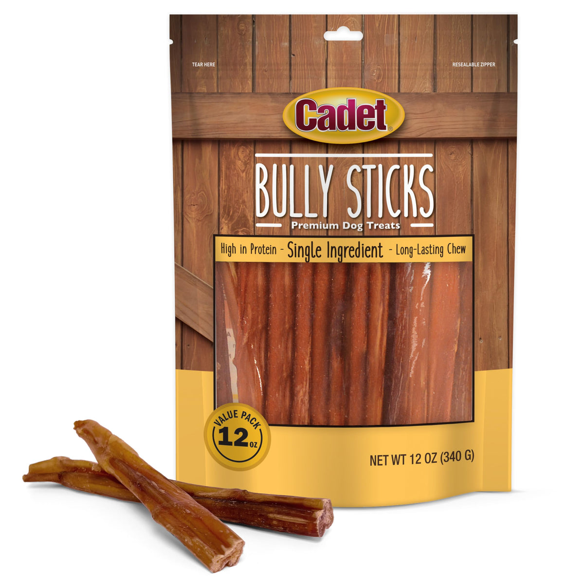Cadet Bully Sticks para perros pequeños, ingrediente único para masticación natural.