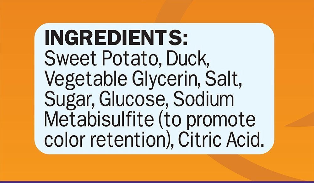 Cadet envuelturas pato-batata, vista trasera, snack natural sin colorantes ni rellenos.
