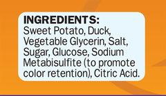 Cadet envuelturas pato-batata, vista trasera, snack natural sin colorantes ni rellenos.
