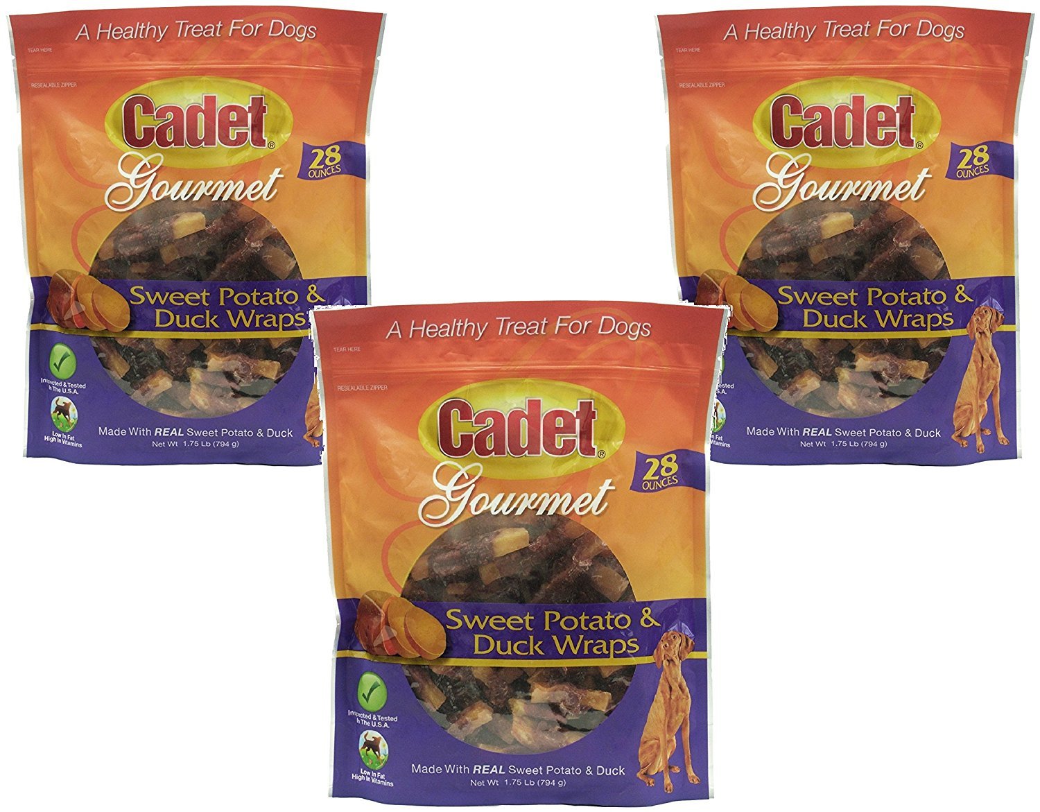 Cadet envuelturas pato-batata, vista frontal, snack sabroso y bajo en grasa para perros.
