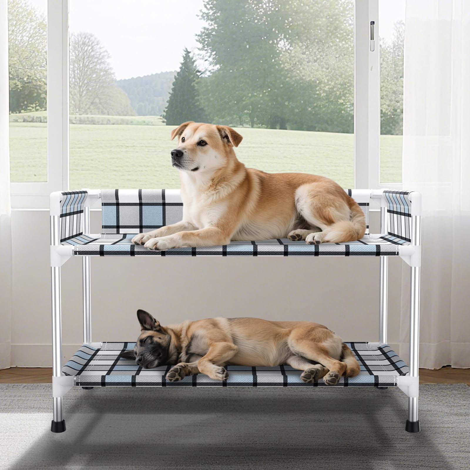 Caghash cama elevada dos niveles para perros con baranda, ideal para dormir junto a su humano.