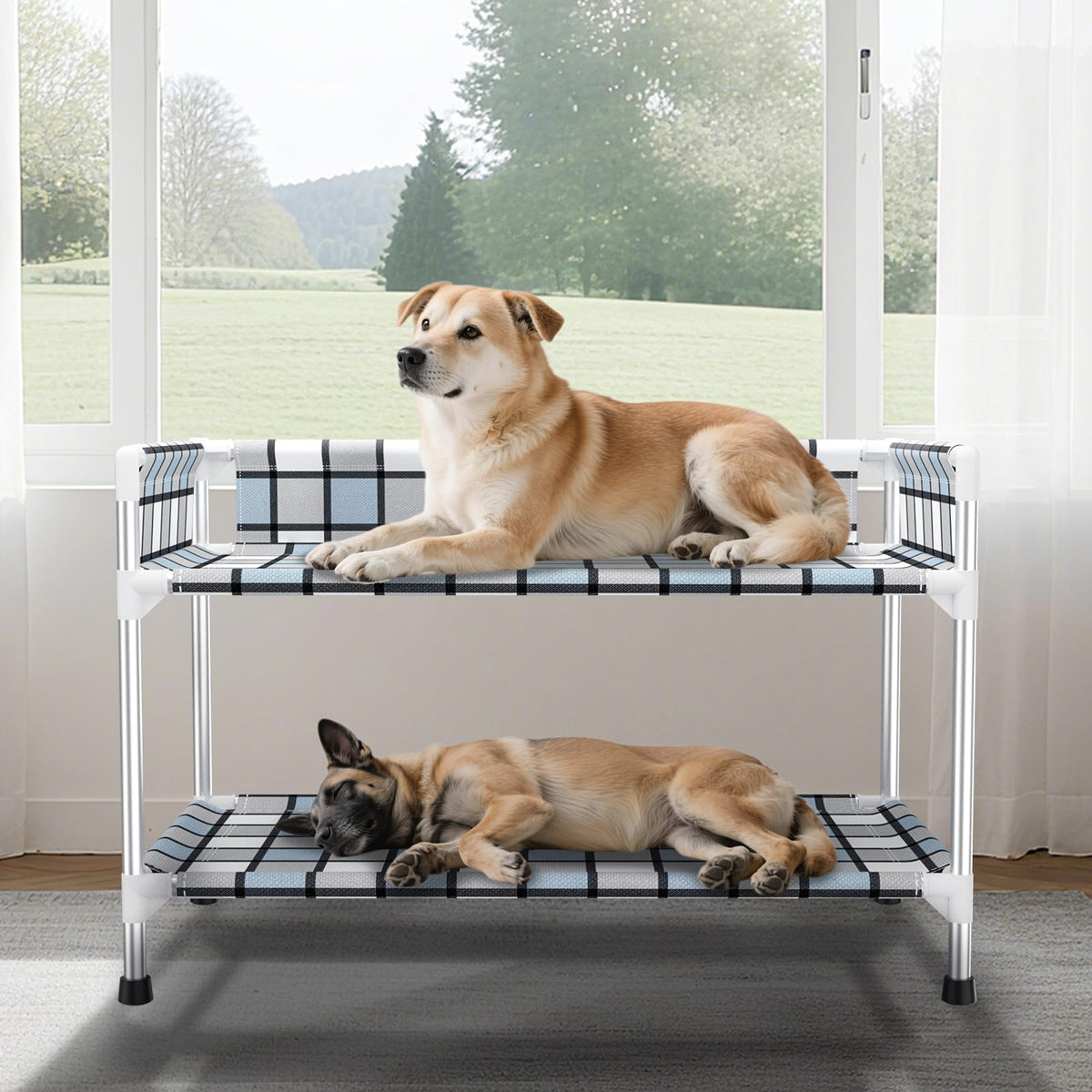 Caghash cama elevada dos niveles para perros con baranda, ideal para dormir junto a su humano.