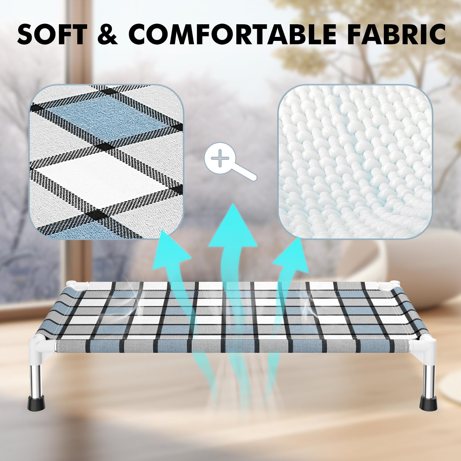 Caghash diseño de rejilla azul y blanco, aporta estilo y ventilación.