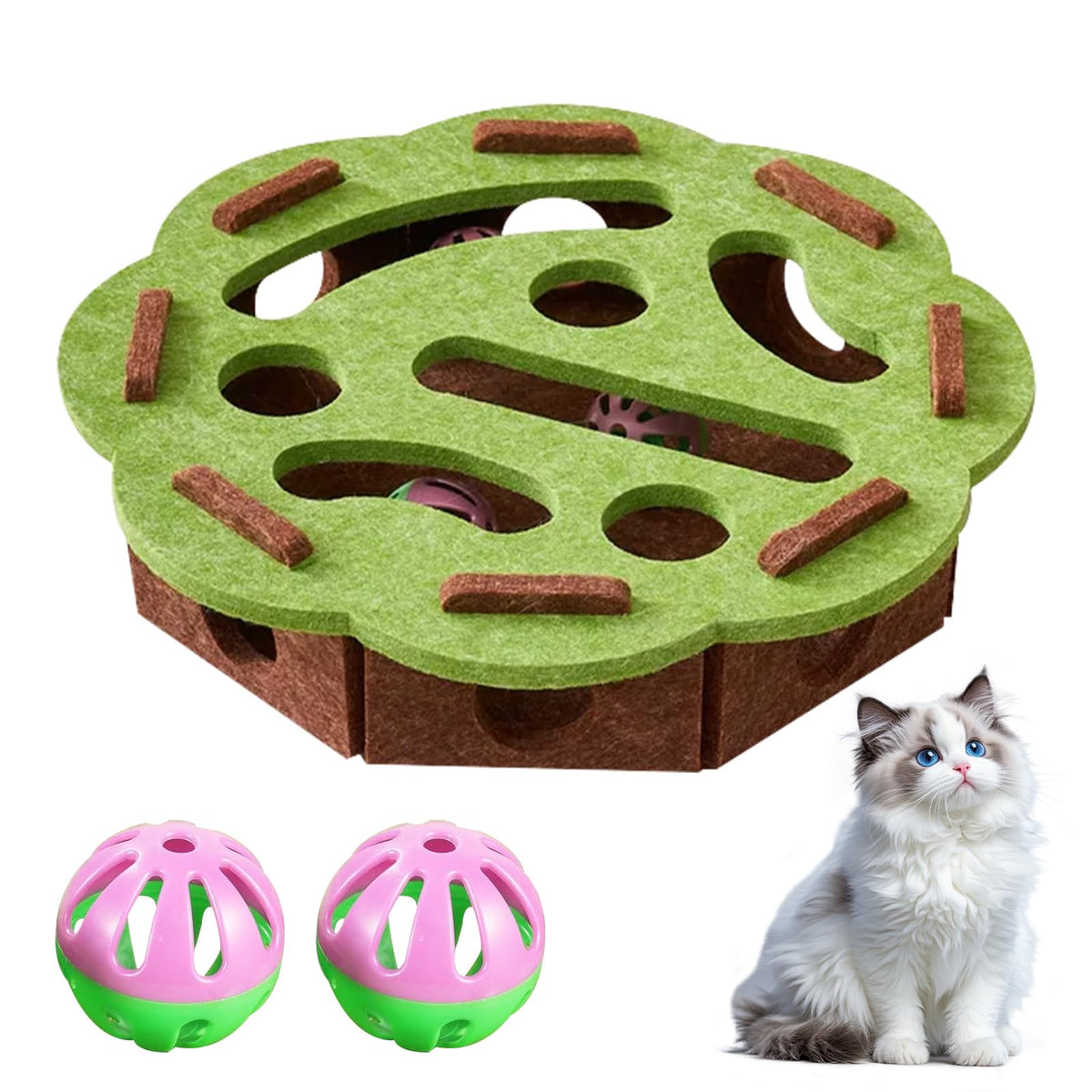 Caja de enriquecimiento para gatos con rompecabezas frontal, estimula curiosidad y juego diario